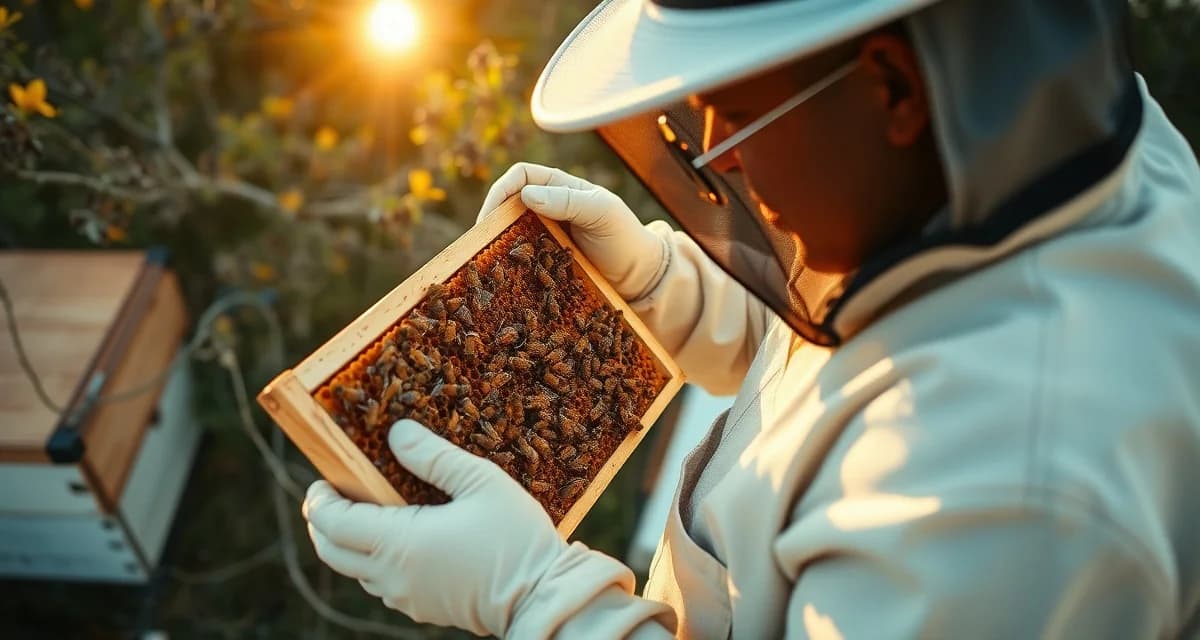 Michigan beekeeper using varroa mite tracking software to inspect honeybee hive during upper peninsula beekeeping season