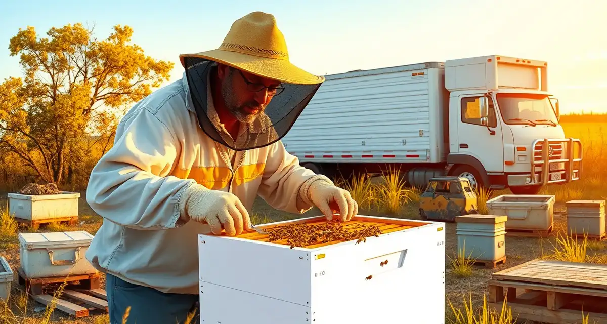 Beekeeper examining hive frame for varroa mites during migratory pollination circuit management across multiple states