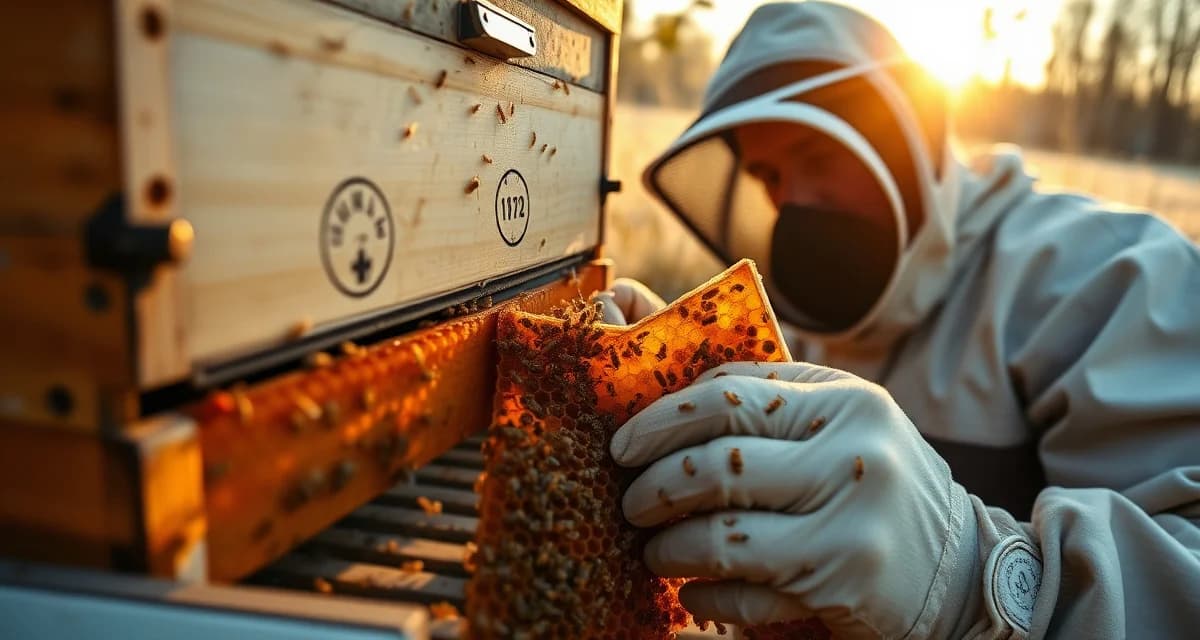 Minnesota beekeeper inspecting honeycomb frame for varroa mites during critical fall treatment period before winter cluster
