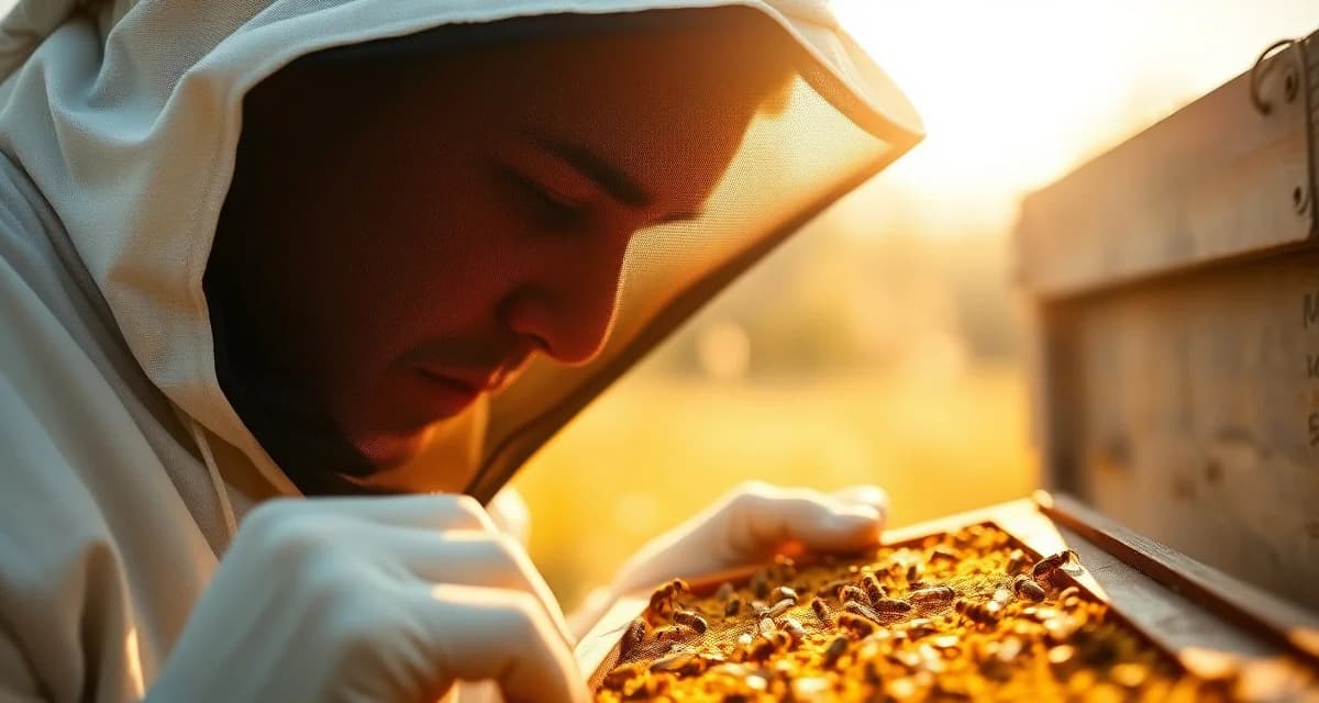 Beekeeper examining honey bee frame for varroa mites during year-round Mississippi hive management inspection