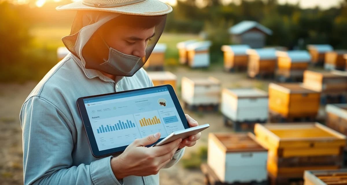 Beekeeper using multi-apiary management software dashboard on tablet to track varroa mite treatments across multiple apiaries
