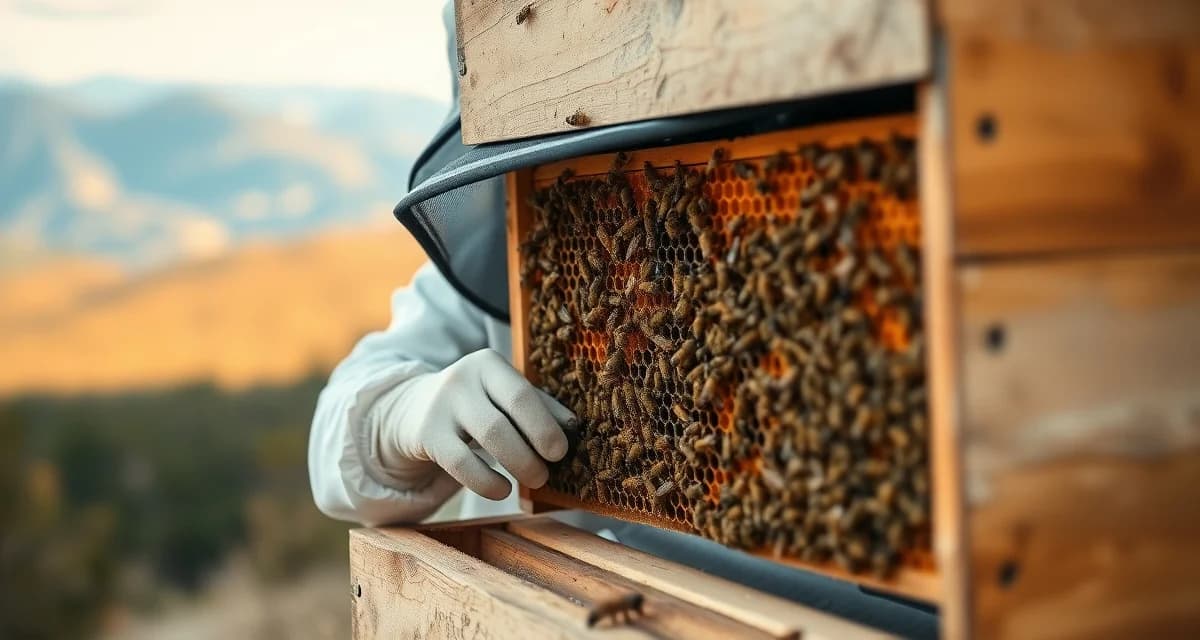 North Carolina beekeeper inspecting hive frame with varroa mite tracking software dashboard overlay for colony management.