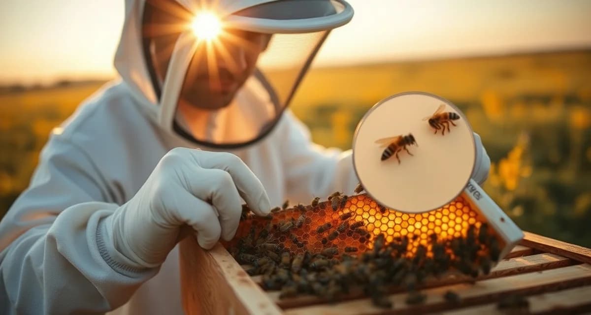 Beekeeper inspecting honeycomb frame for varroa mites during Nebraska summer hive management and treatment planning