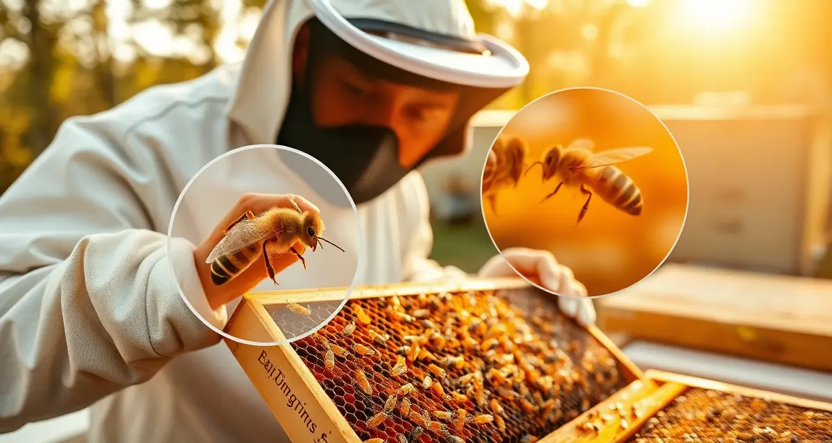 Beekeeper monitoring varroa mites on honeycomb frame during nectar flow season with treatment options displayed