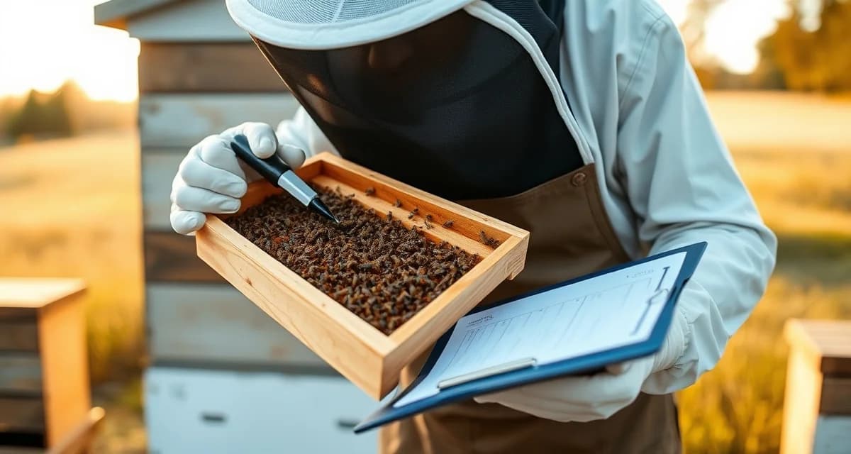 Beekeeper performing varroa mite count on hive frame for New Hampshire compliance record-keeping