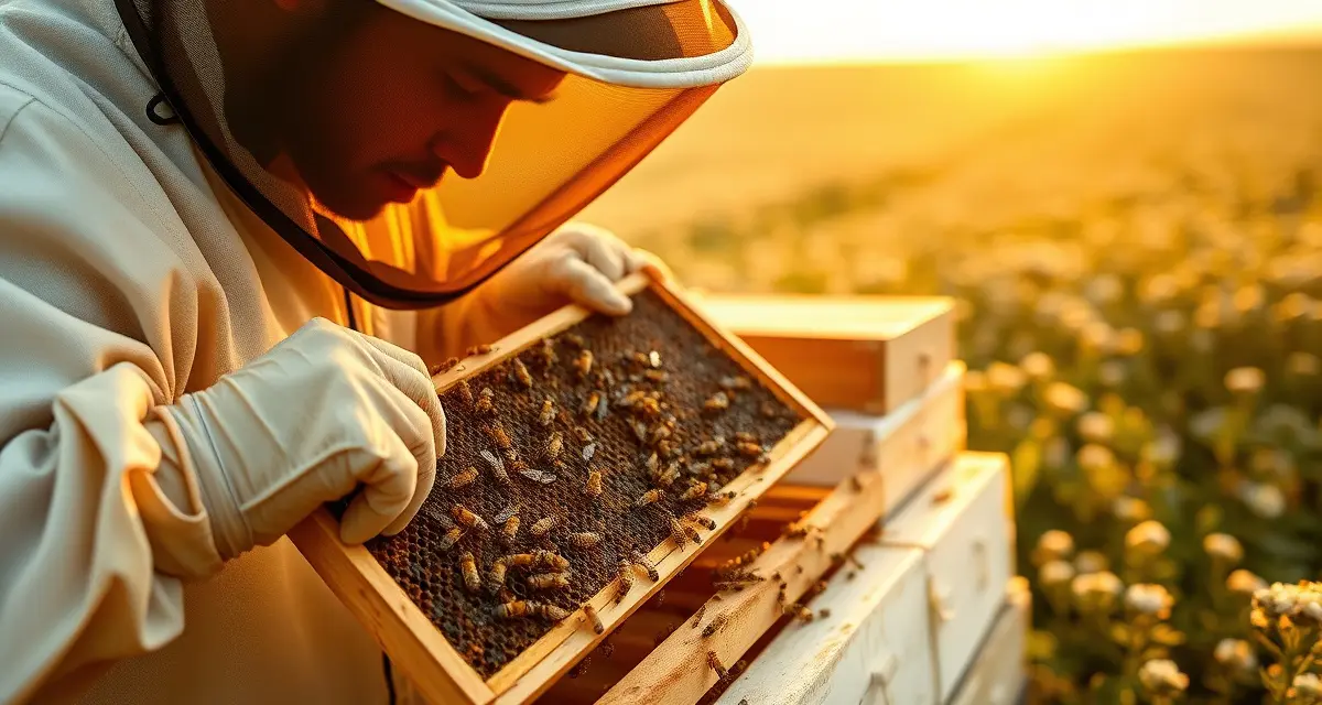 North Dakota beekeeper inspecting hive frame for varroa mites during clover season management