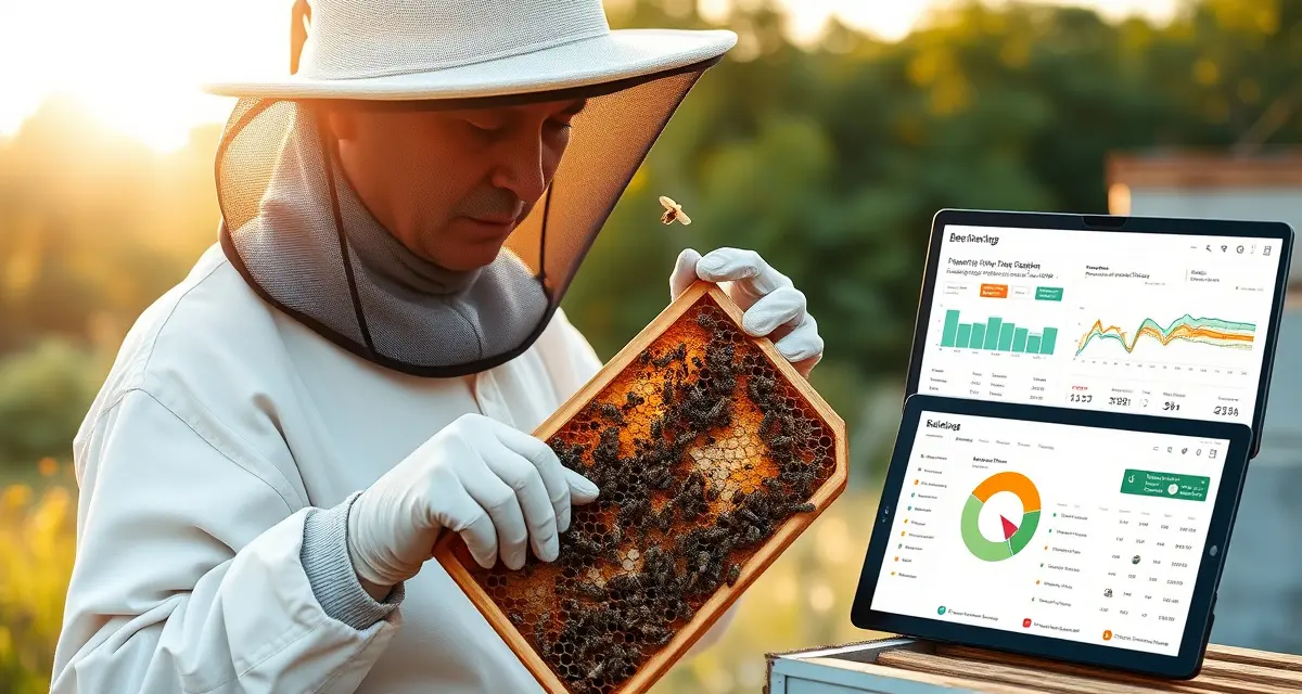 Ohio beekeeper monitoring varroa mites on honeycomb frame with digital hive management software dashboard visible