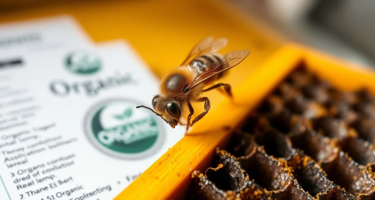 Varroa mite on honeybee frame next to organic certification documentation showing USDA NOP treatment compliance requirements