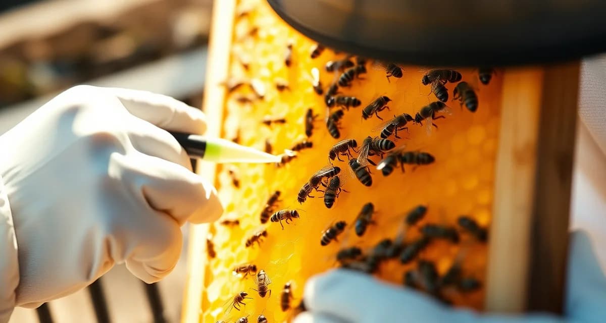 Honeycomb frame showing organic varroa mite treatment application using chemical-free beekeeping methods for hive management