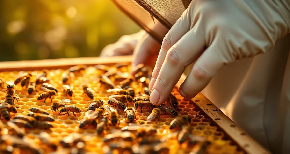 Organic beekeeper inspecting honeycomb frame for varroa mites during USDA-compliant hive management.