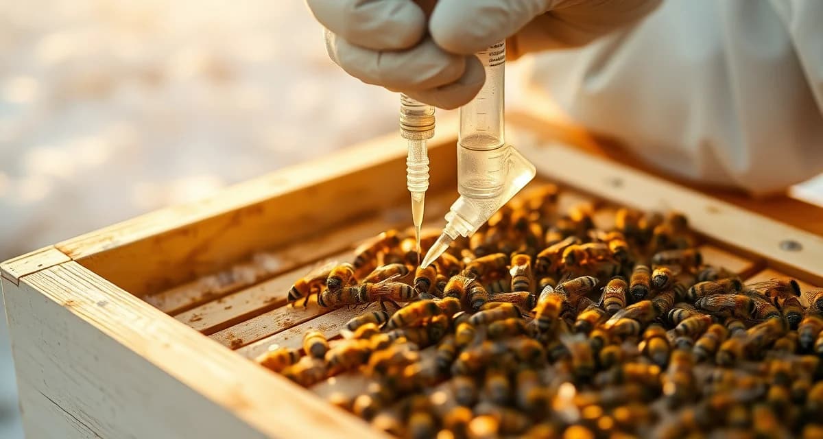 Beekeeper applying oxalic acid dribble to broodless honeybee colony for varroa mite treatment with maximum efficacy