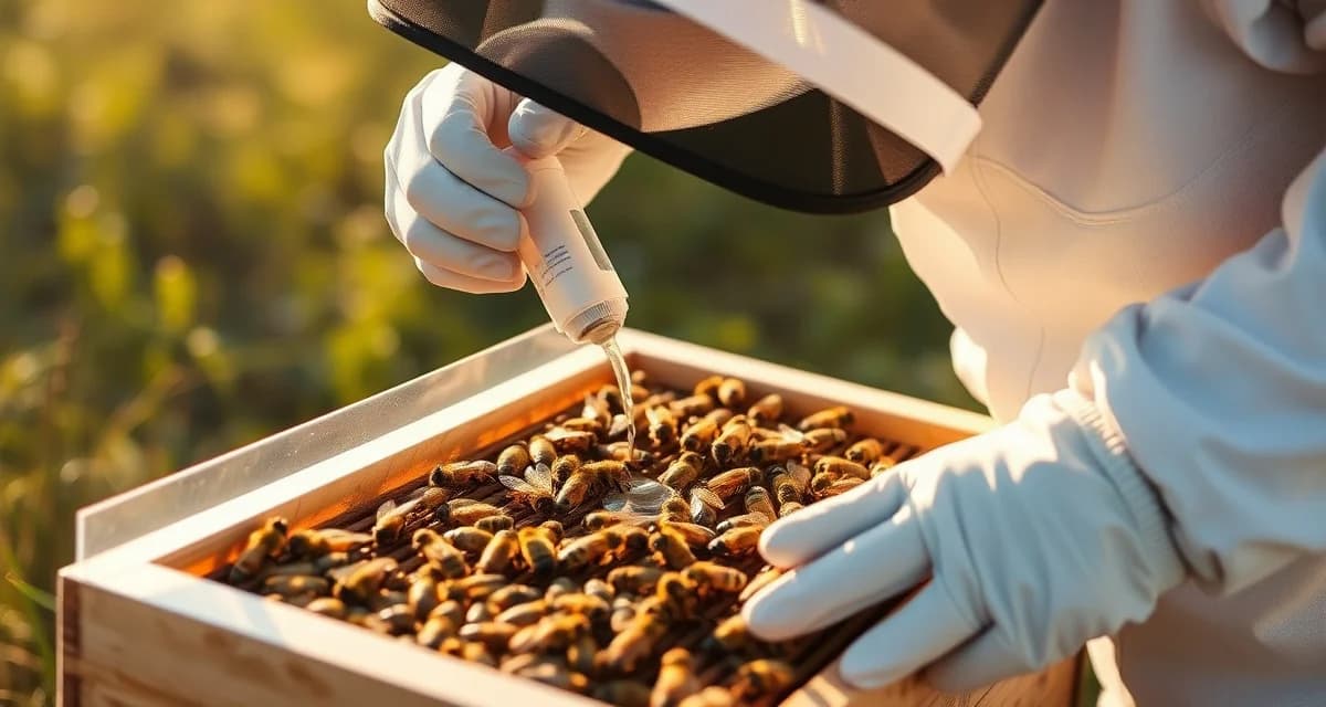 Beekeeper applying oxalic acid dribble treatment to new package bees for varroa mite control