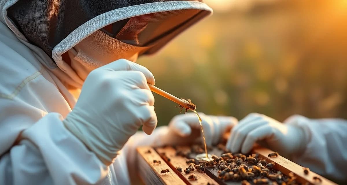 Beekeeper applying oxalic acid dribble treatment to queenless walk-away split colony for varroa mite control