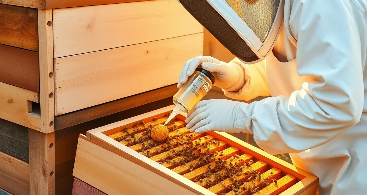 Beekeeper applying oxalic acid treatment to hive frame for varroa mite control with proper PHI guidelines
