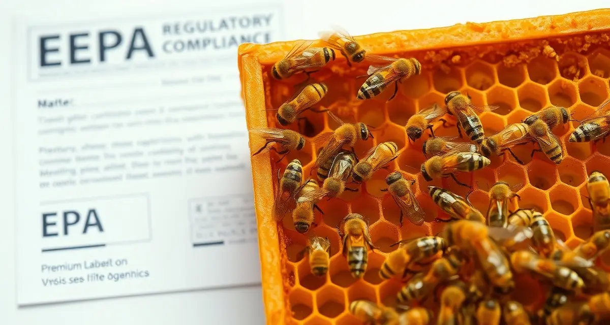 Varroa mites on honeycomb with EPA registered oxalic acid treatment label showing legal compliance for beehive treatment