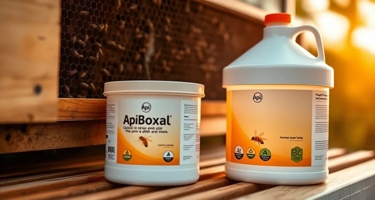 Api-Bioxal oxalic acid varroa mite treatment container with beehive frame and application equipment for FIFRA-compliant hive management