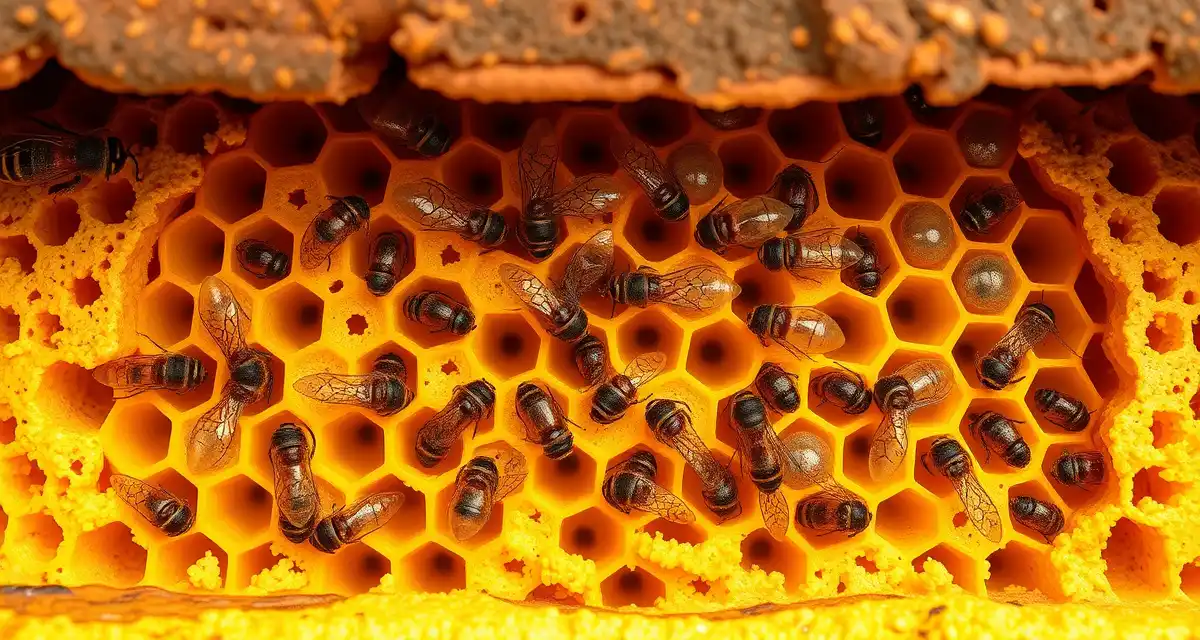 Diagram showing oxalic acid vaporization treatment targeting varroa mites in capped brood cells of a honeybee hive
