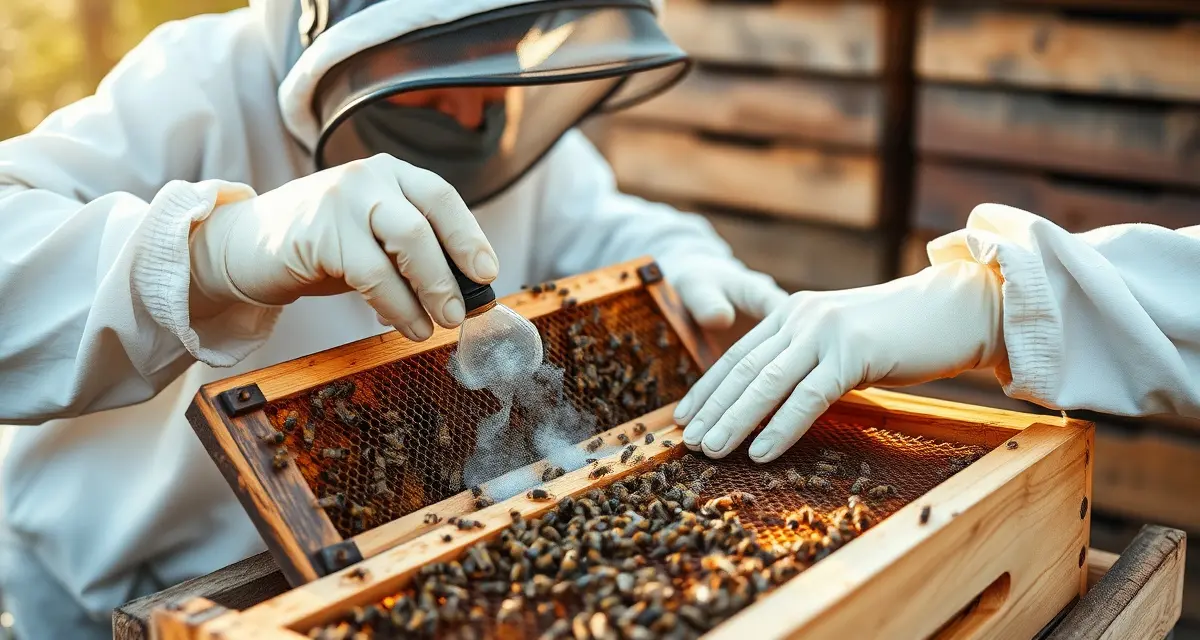 Beekeeper applying oxalic acid treatment to honeybee hive frame for varroa mite control management