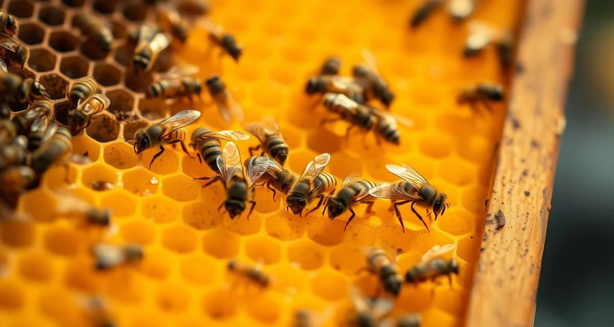 Honeycomb frame showing varroa mites on adult bees during oxalic acid vaporization treatment for effective mite control