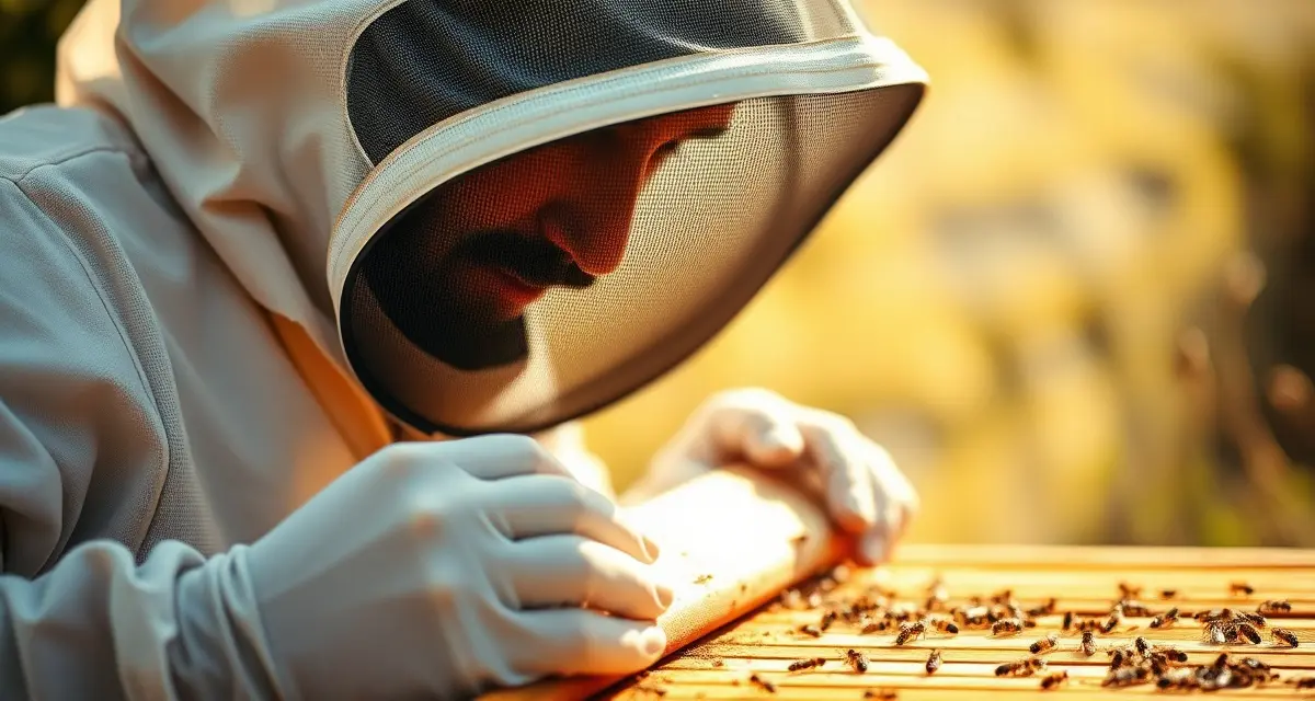 Beekeeper performing PHI compliance inspection on hive frame, examining for varroa mite presence before honey harvest.