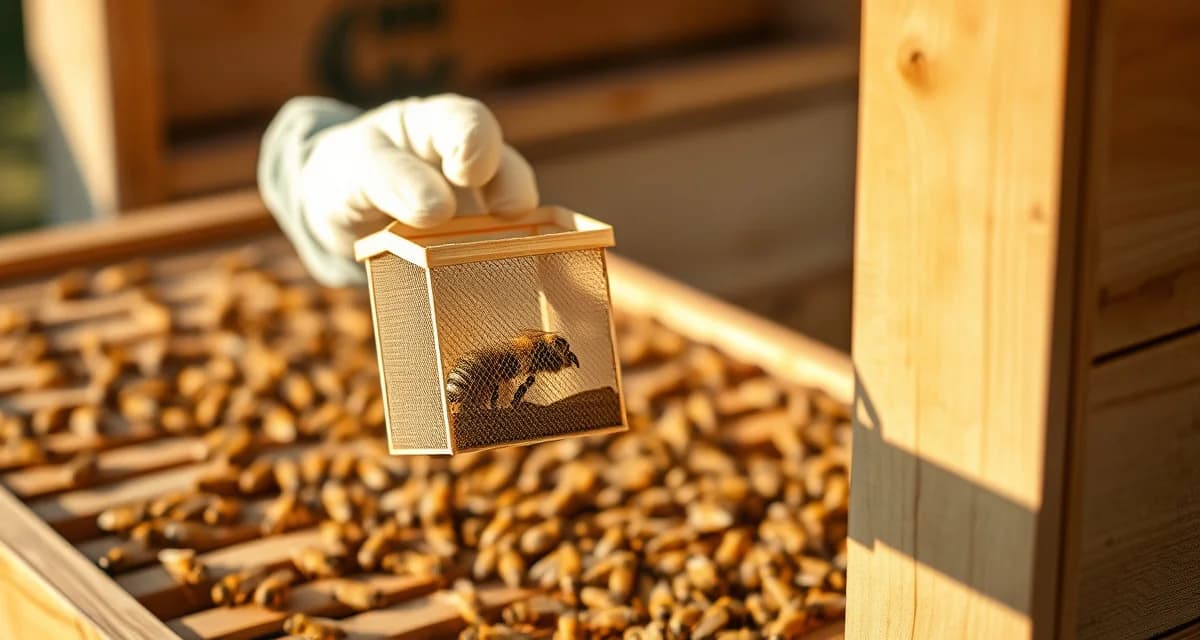 Beekeeper holding a queen cage with queen bee inside for artificial brood break varroa treatment method