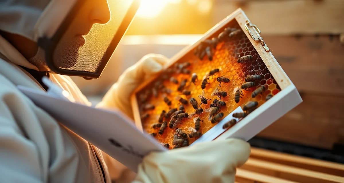 Beekeeper tracking queen introduction and monitoring mite levels in honeycomb during post-requeening inspection