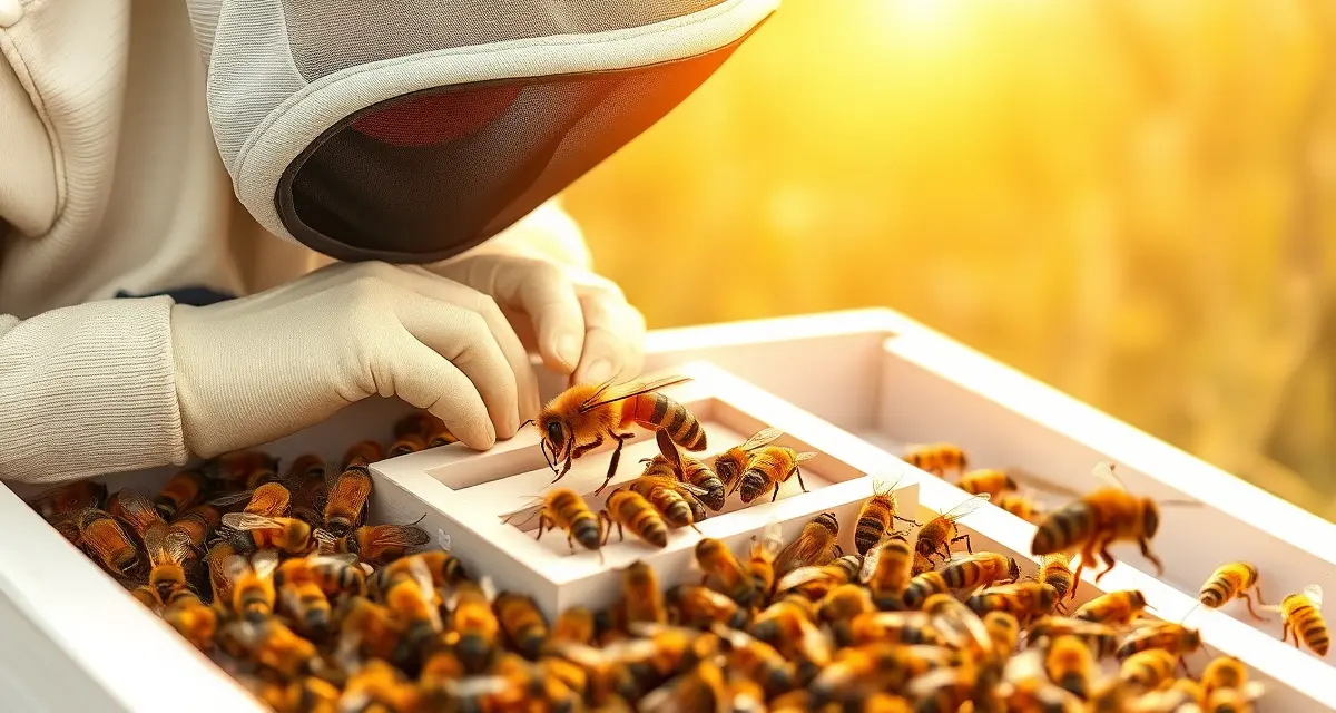 Beekeeper examining queen bee frame during varroa-resistant queen rearing program with data tracking documentation