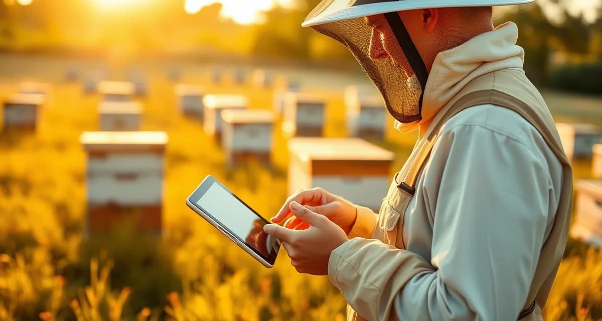 Beekeeper using digital tools for remote apiary management and varroa mite monitoring in field setting