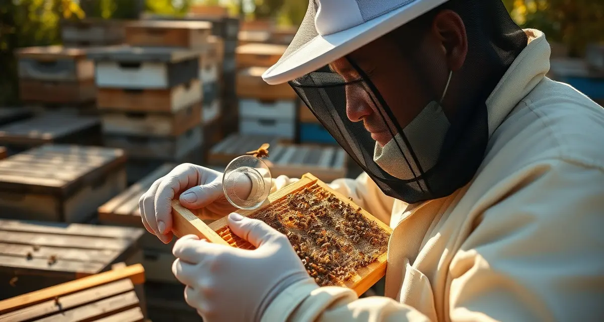 Rhode Island beekeeper using varroa mite tracking software to monitor hive health and prevent reinfestation in dense apiary environment.