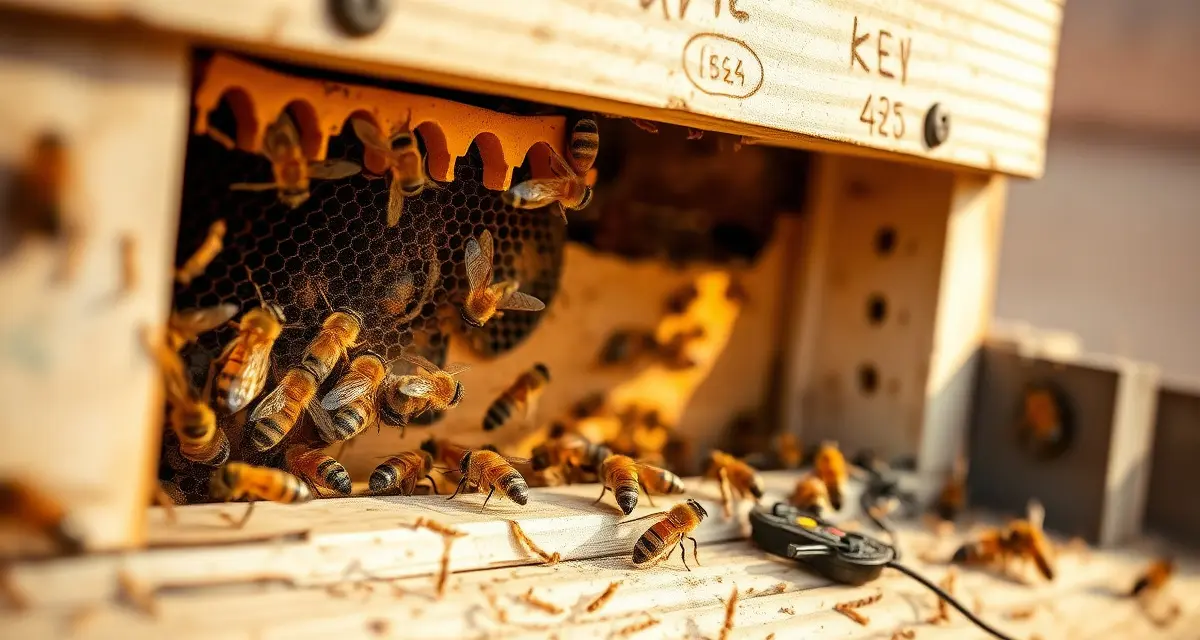 Sentinel hive with varroa mite monitoring equipment in beekeeping apiary for early mite detection and threshold tracking