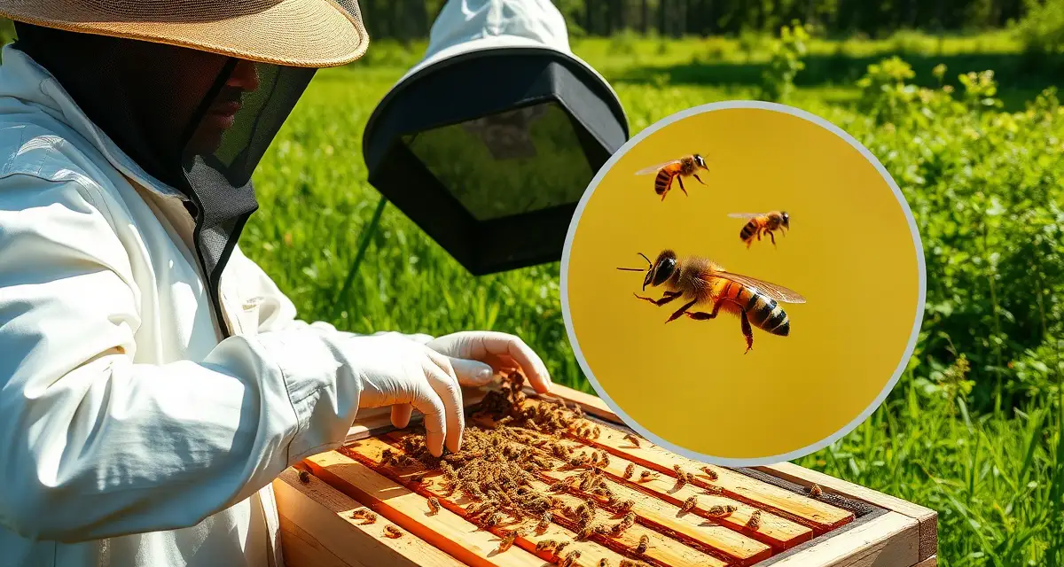 Beekeeper inspecting hive frame for varroa mites in South Carolina beekeeping operation during extended warm season