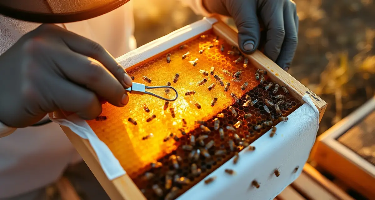 Beekeeper performing alcohol wash varroa mite test on spring brood frame to monitor colony infestation levels