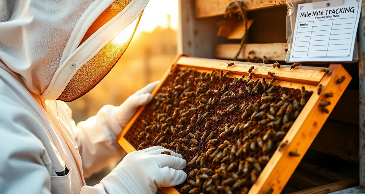 Beekeeper performing spring varroa mite count and inspection on honeycomb frame with clustered honeybees