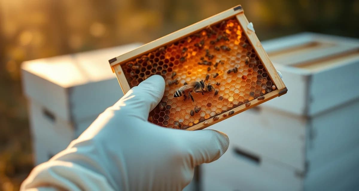 Beekeeper performing spring varroa mite inspection on honeycomb frame during colony monitoring and infestation testing