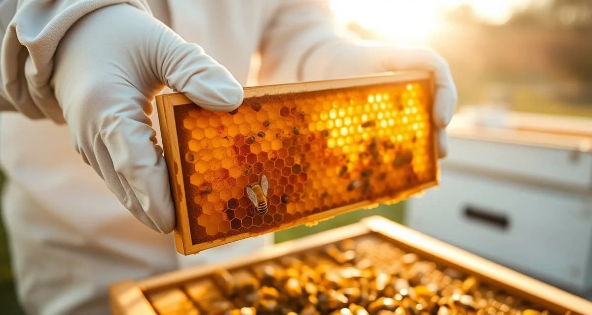 Beekeeper conducting spring varroa mite baseline count on honeycomb frame during April monitoring checklist