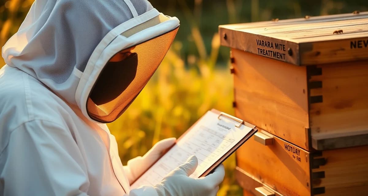 Beekeeper reviewing varroa mite treatment records and regulatory documentation with state apiarist requirements