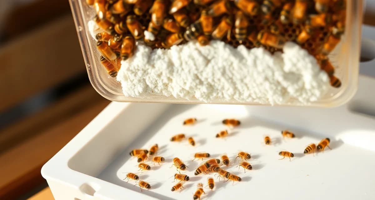 Sugar roll varroa monitoring setup showing powdered sugar-coated bees with fallen mites on inspection tray for accurate hive health assessment.