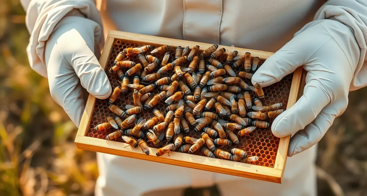 Beekeeper examining honeycomb frame during swarm season to manage varroa mites using natural brood breaks