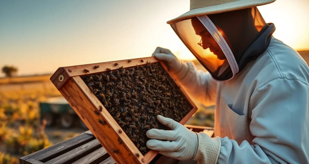 Texas beekeeper inspecting honeycomb frame for varroa mite detection and hive management using monitoring software
