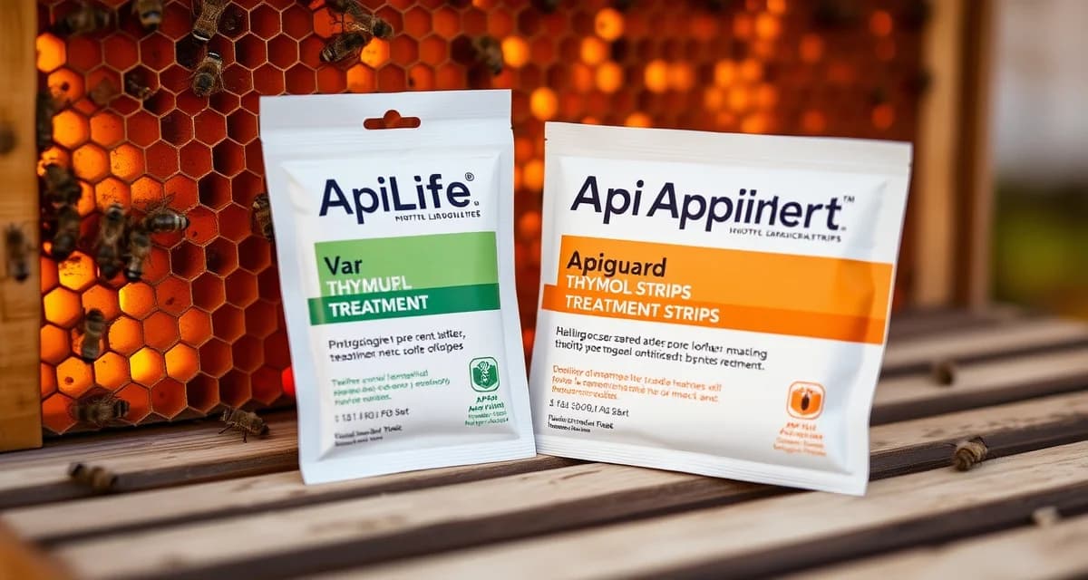 ApiLife Var and Apiguard thymol strips for varroa mite treatment on honeycomb frame