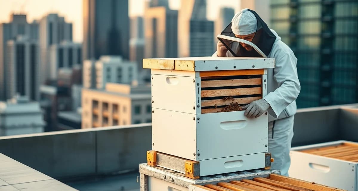 Beekeeper inspecting urban rooftop hive for varroa mite management in city beekeeping setup