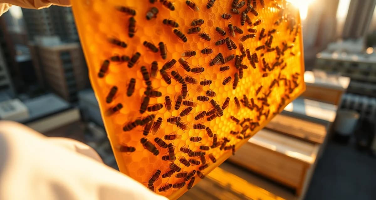 Honeycomb frame showing varroa mite infestation monitoring in urban beekeeping colonies with city buildings in background