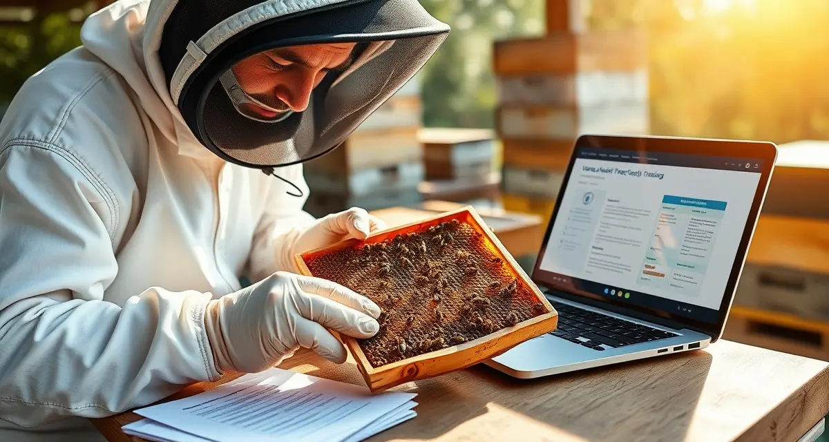 Beekeeper examining honeycomb frame for varroa mites with grant documentation and tracking software visible, representing USDA beekeeping grants