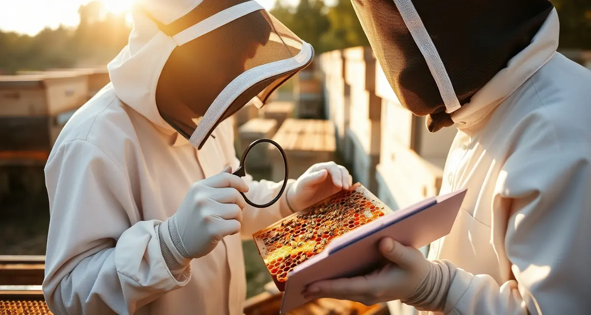 Beekeeper performing varroa mite compliance audit inspection on honeycomb frame with documentation clipboard