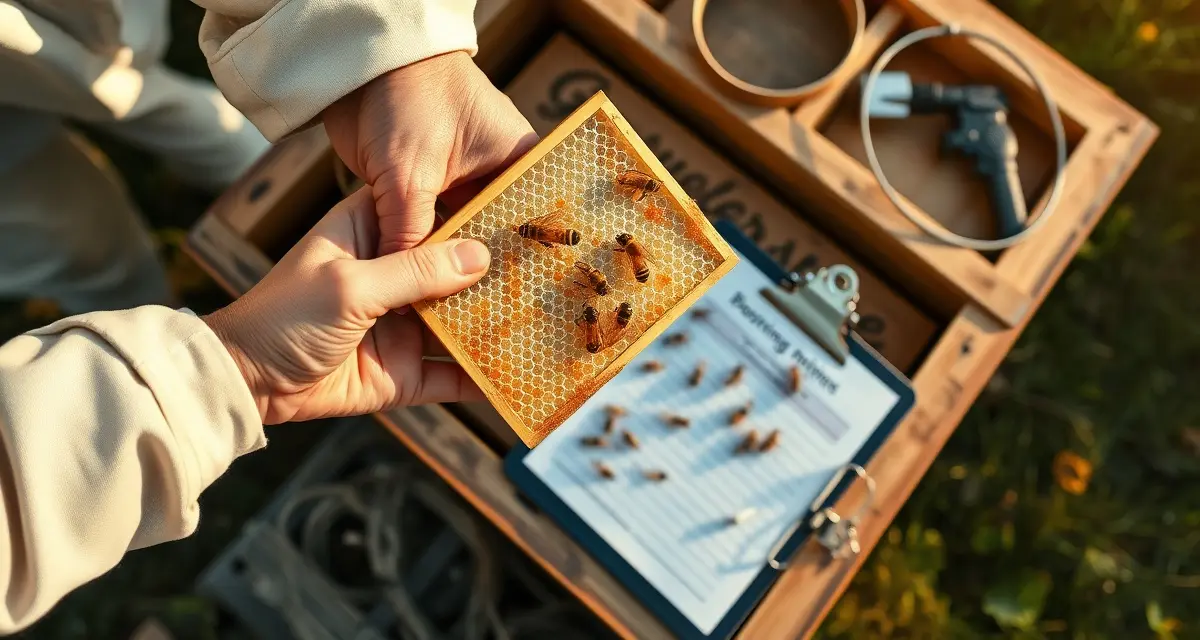 Beekeeper inspecting hive frame for varroa mite monitoring during annual management program