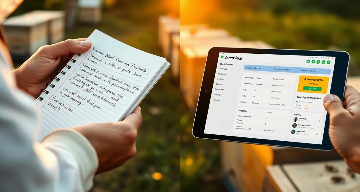 Comparison of digital varroa management with VarroaVault tablet versus traditional notebook paper beekeeping records.