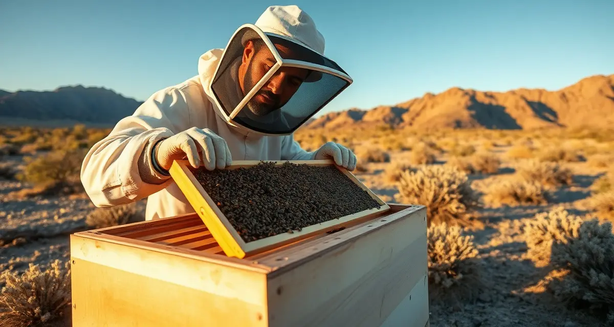 Beekeeper inspecting hive frame for varroa mites in Intermountain West region with desert mountains in background