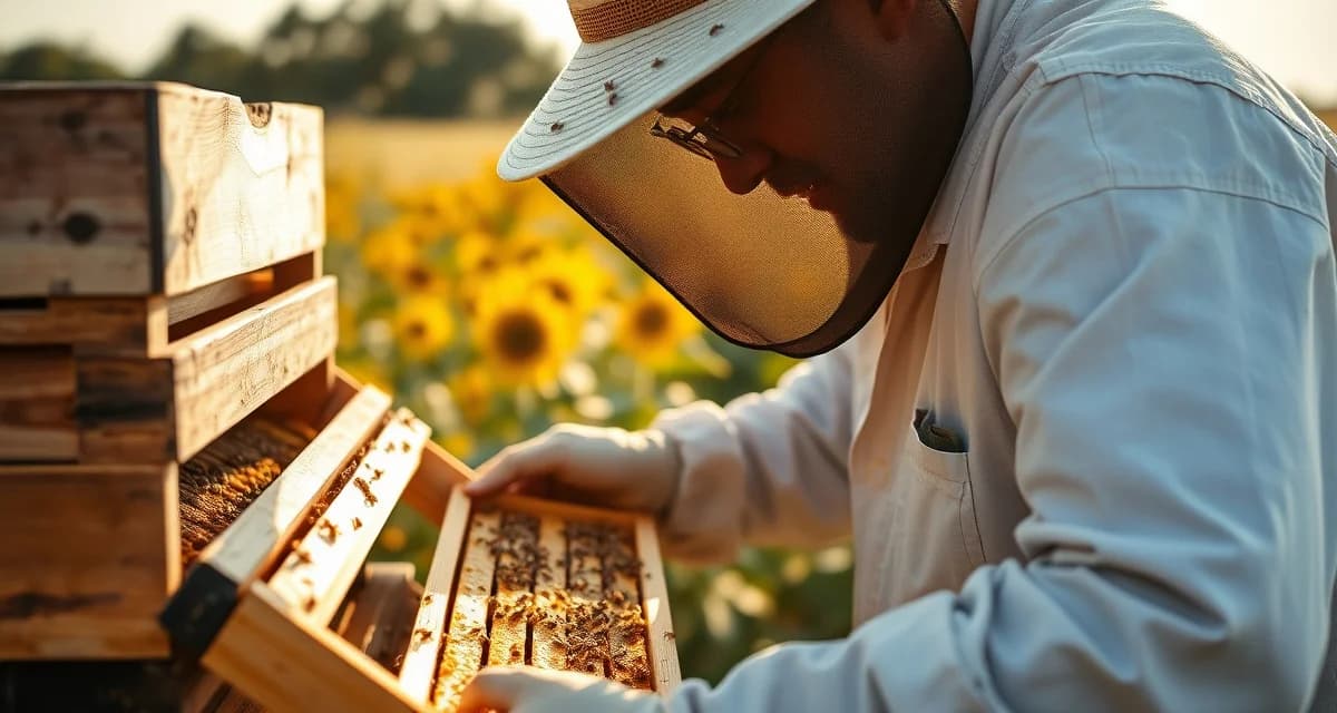 Kansas beekeeper inspecting honeycomb frame for varroa mites during late summer hive monitoring with sunflower fields in background