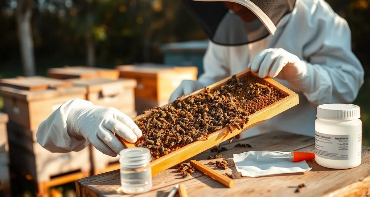 Beekeeper monitoring varroa mites on hive frame for small commercial beekeeping operations with 20-100 colonies