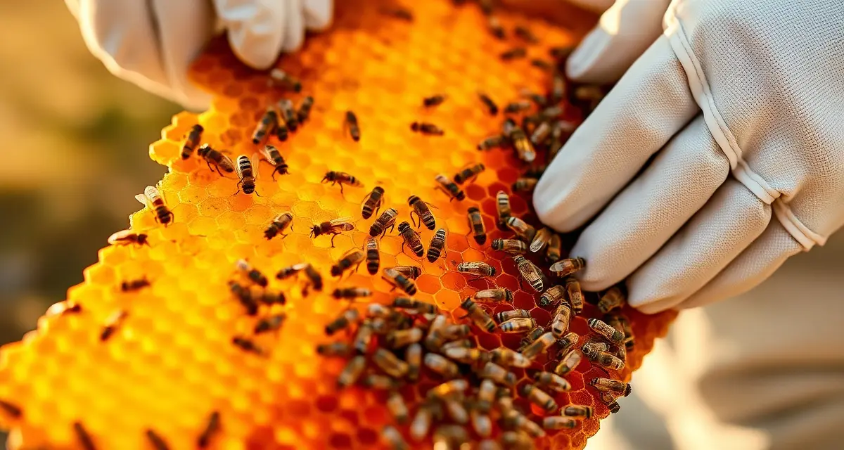 Beekeeper inspecting honeycomb frame for varroa mites in southeastern apiary during extended brood season management.